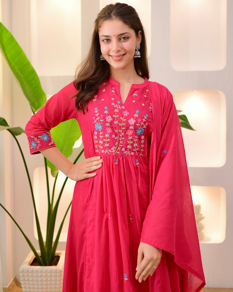 Fuchsia Garden Threadwork A Line Mul Cotton Suit