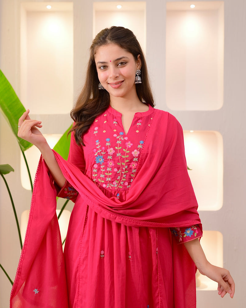 Fuchsia Garden Threadwork A Line Mul Cotton Suit