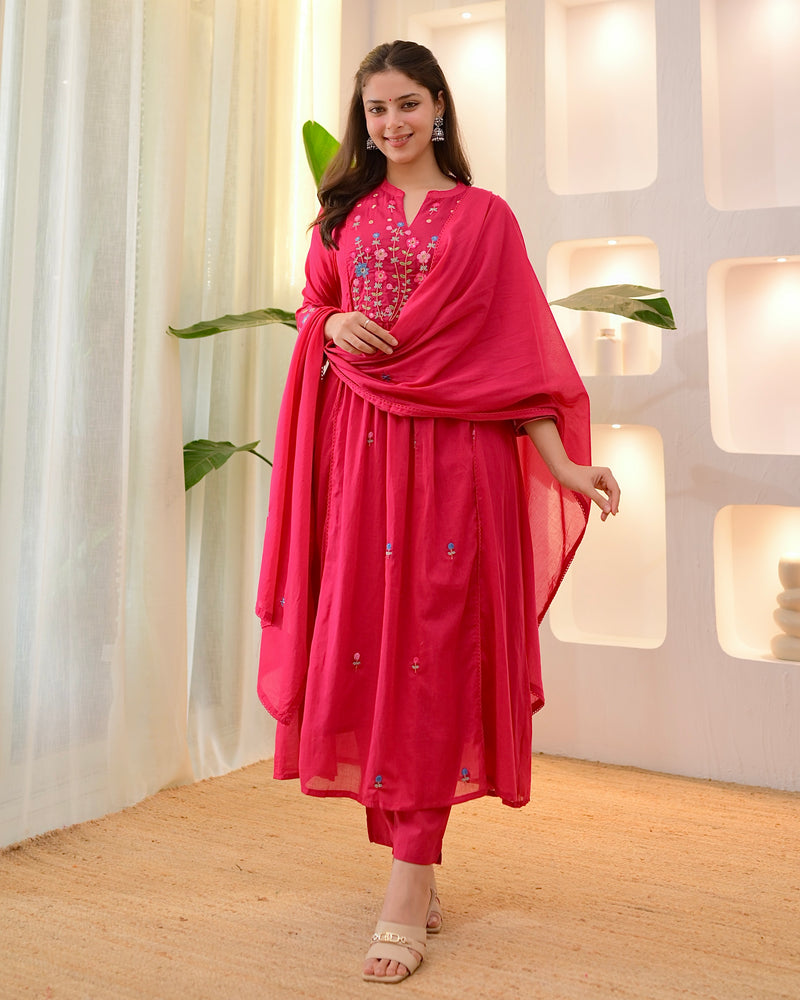 Fuchsia Garden Threadwork A Line Mul Cotton Suit