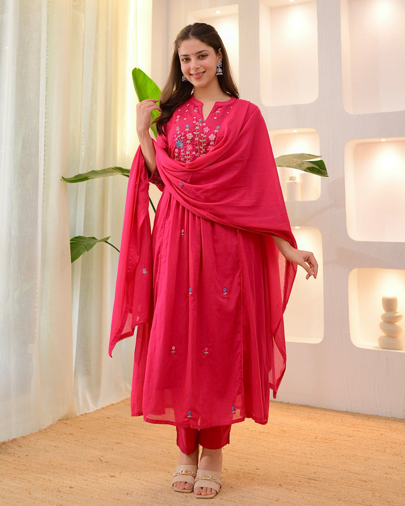 Fuchsia Garden Threadwork A Line Mul Cotton Suit