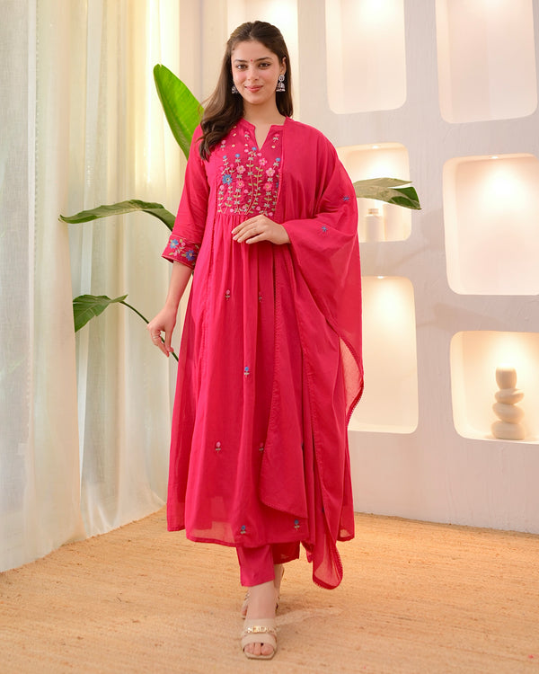 Fuchsia Garden Threadwork A Line Mul Cotton Suit