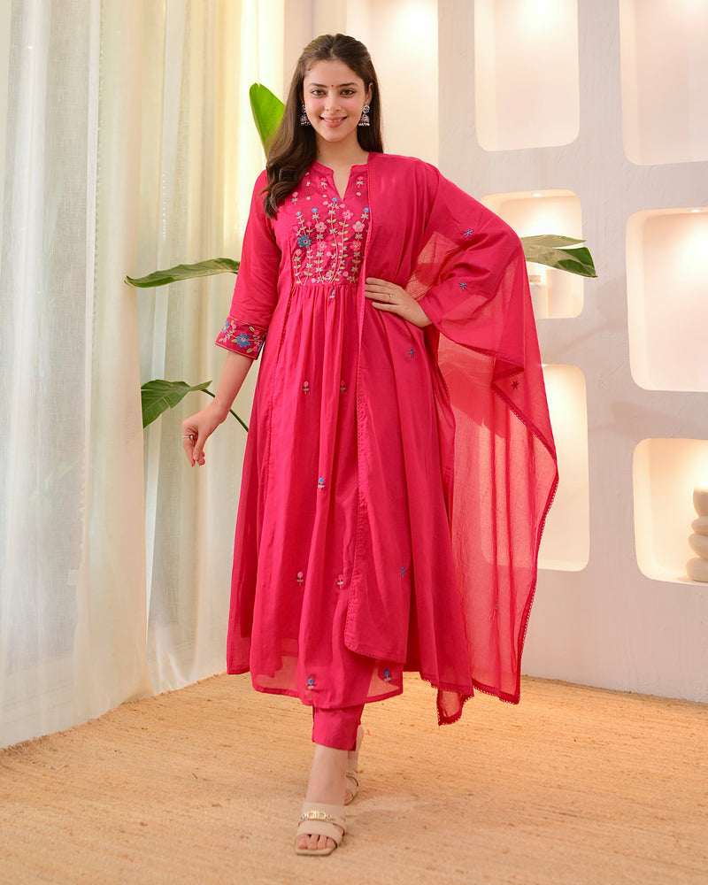 Fuchsia Garden Threadwork A Line Mul Cotton Suit