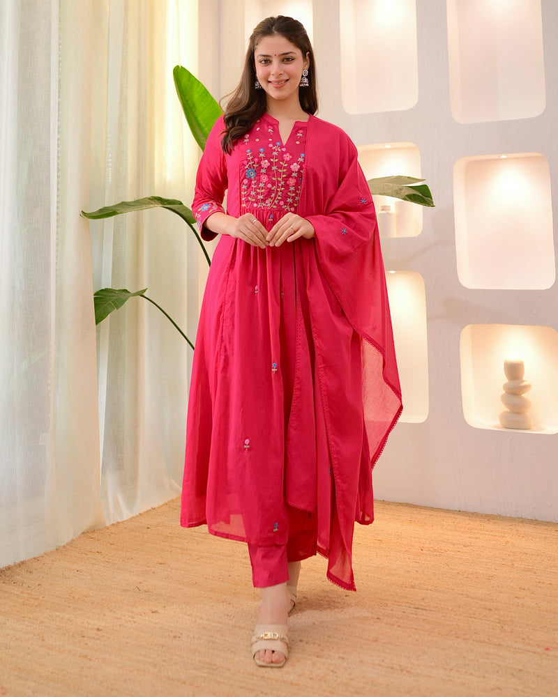 Fuchsia Garden Threadwork A Line Mul Cotton Suit