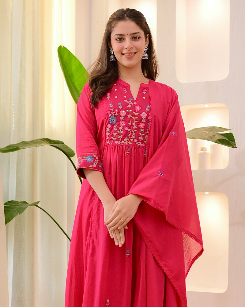 Fuchsia Garden Threadwork A Line Mul Cotton Suit