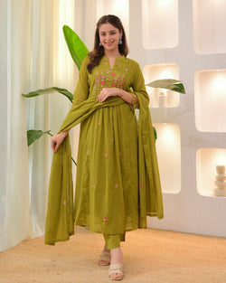 Olive Garden Threadwork A Line Mul Cotton Suit