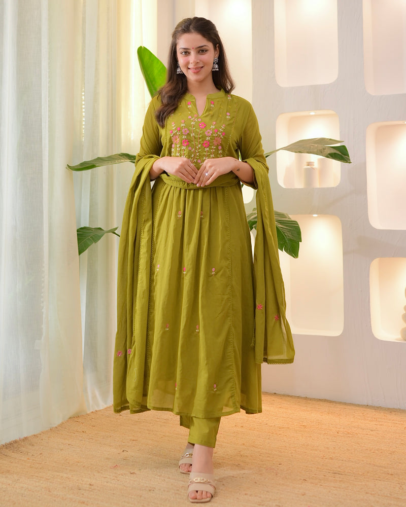 Olive Garden Threadwork A Line Mul Cotton Suit
