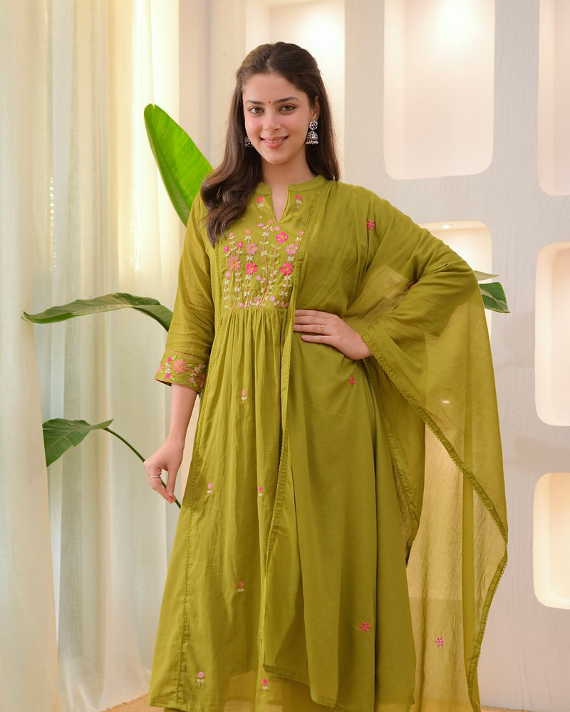 Olive Garden Threadwork A Line Mul Cotton Suit