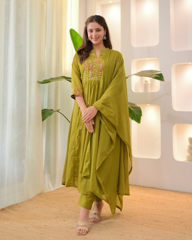 Olive Garden Threadwork A Line Mul Cotton Suit