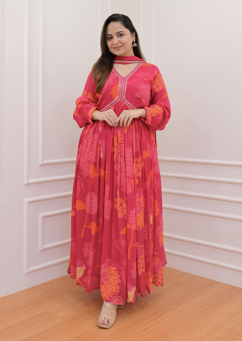 Rani Pink Handwork Floral Anarkali