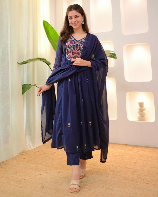 Navy Rose Threadwork A Line Mul Cotton Suit