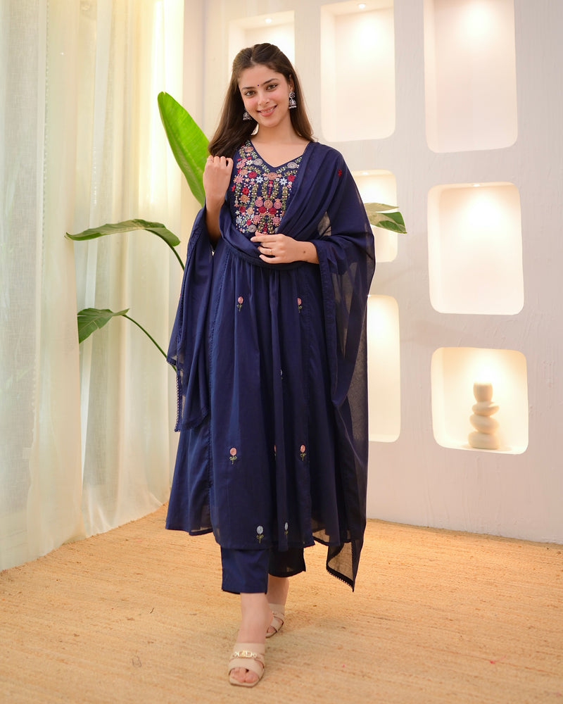 Navy Rose Threadwork A Line Mul Cotton Suit