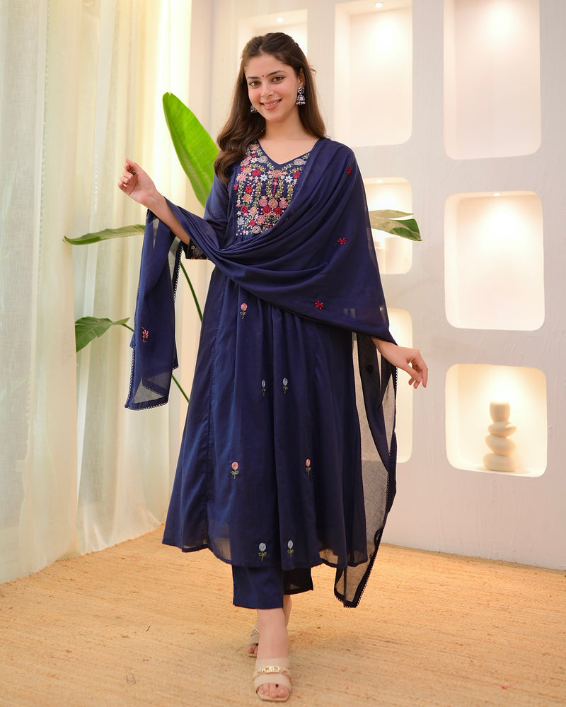 Navy Rose Threadwork A Line Mul Cotton Suit