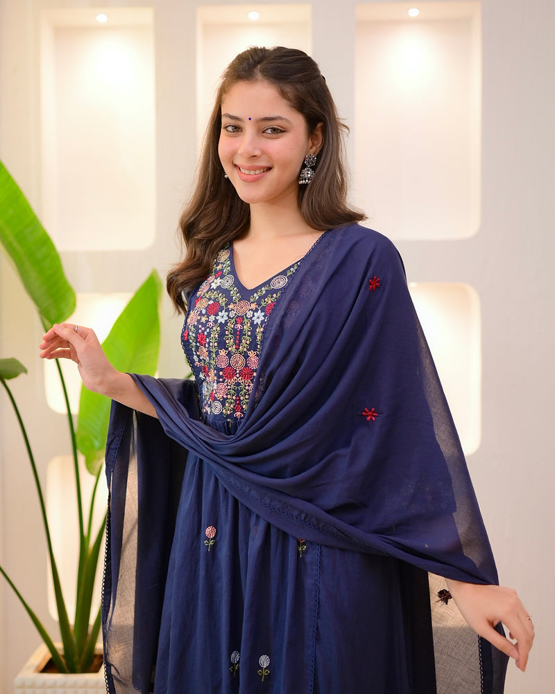 Navy Rose Threadwork A Line Mul Cotton Suit