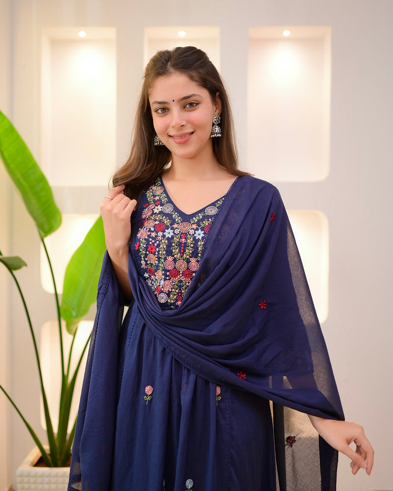 Navy Rose Threadwork A Line Mul Cotton Suit