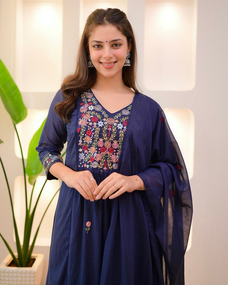 Navy Rose Threadwork A Line Mul Cotton Suit