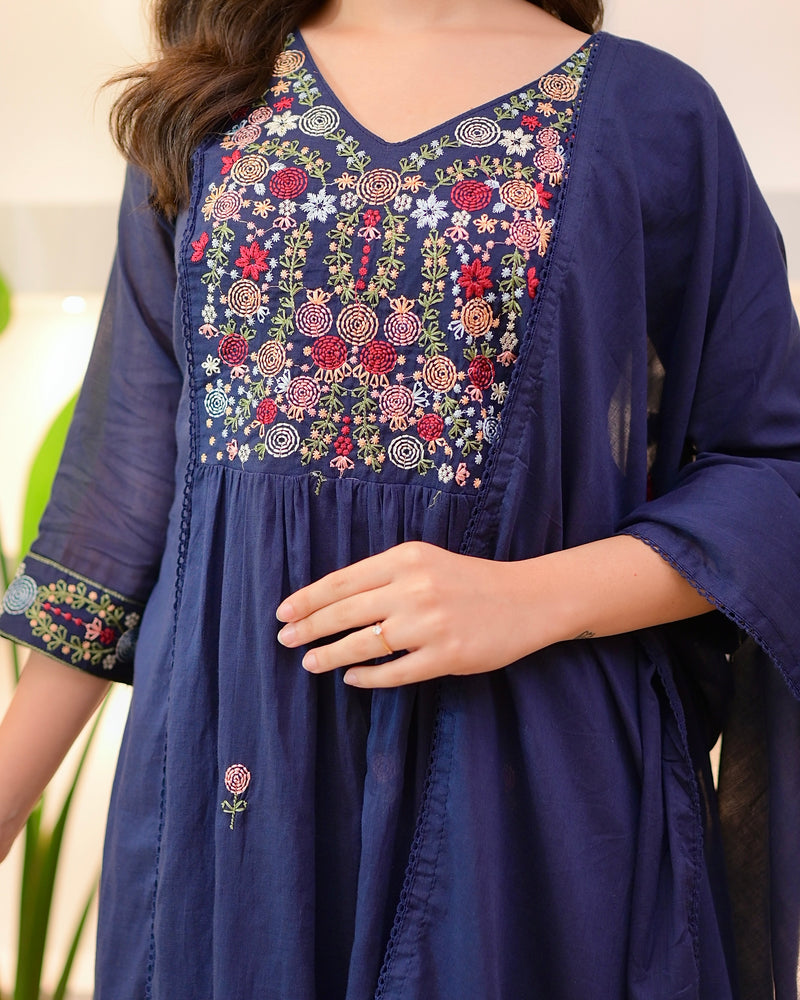 Navy Rose Threadwork A Line Mul Cotton Suit