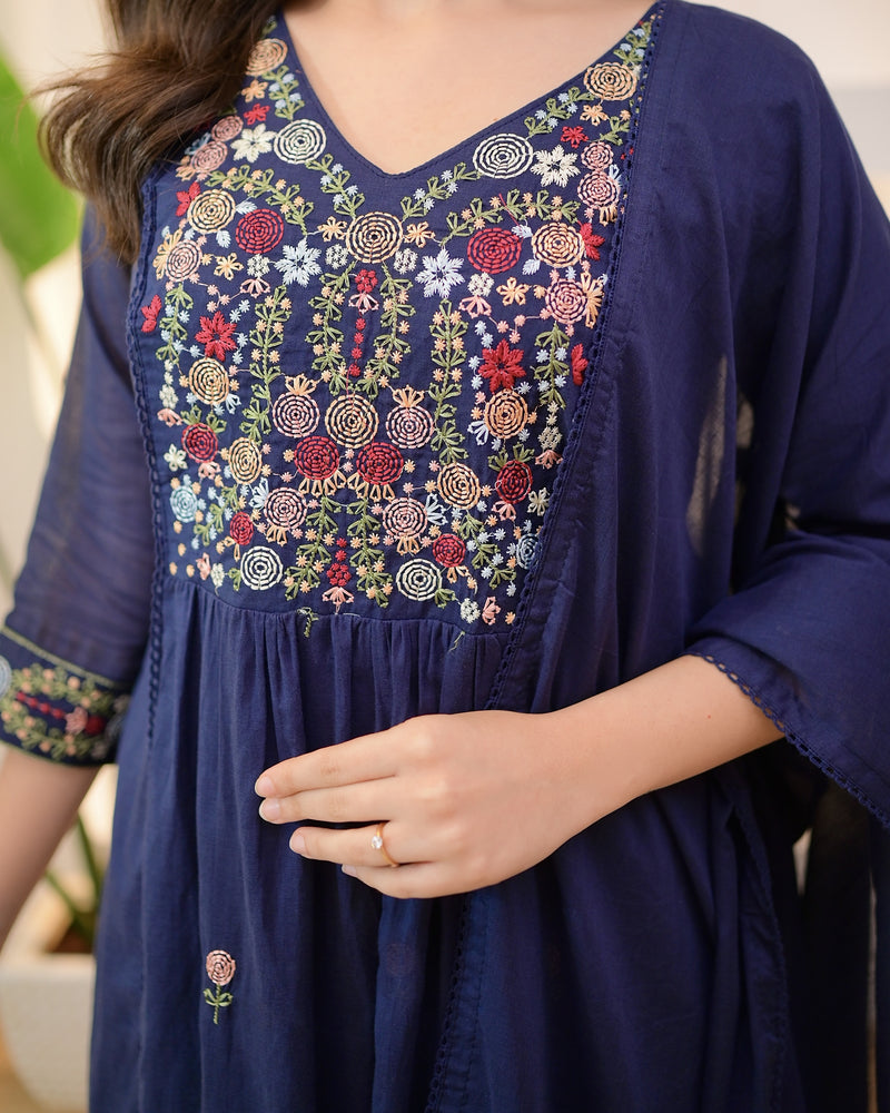 Navy Rose Threadwork A Line Mul Cotton Suit