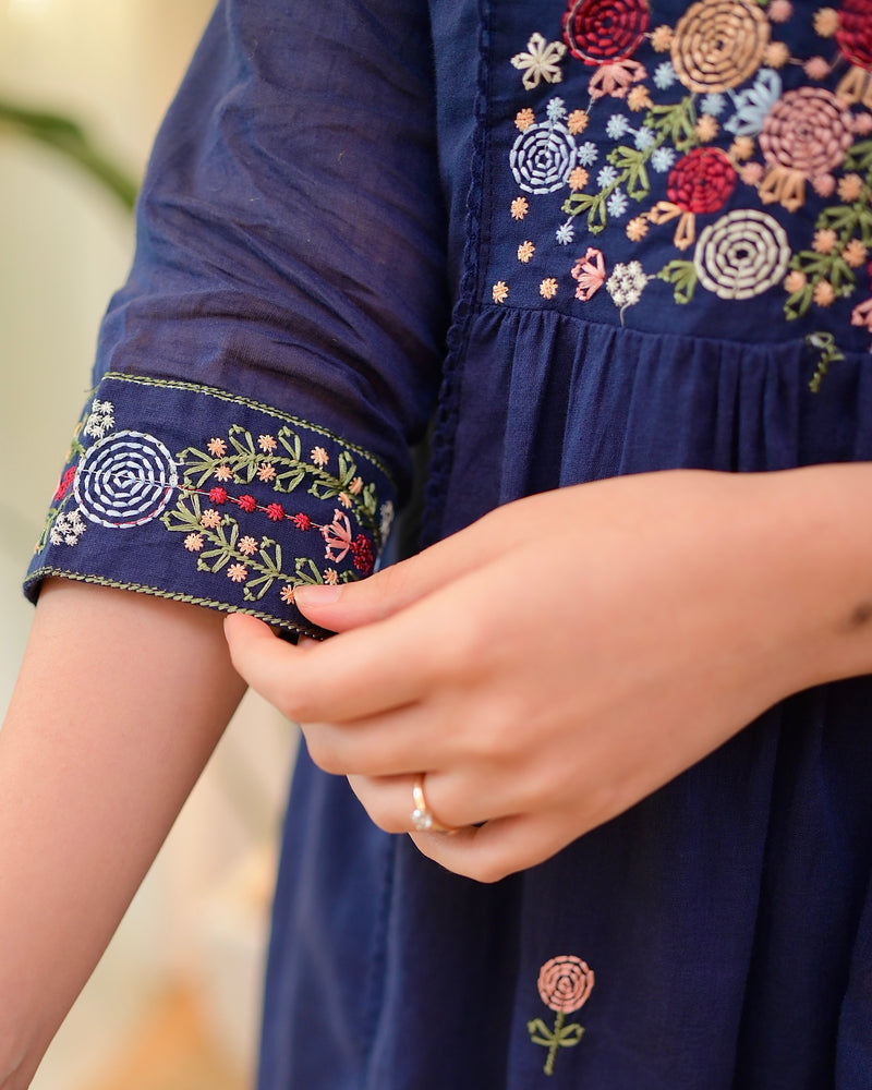 Navy Rose Threadwork A Line Mul Cotton Suit
