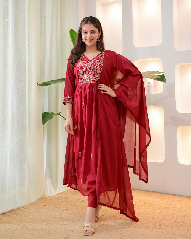 Maroon Rose Threadwork A Line Mul Cotton Suit