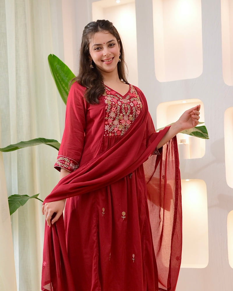Maroon Rose Threadwork A Line Mul Cotton Suit