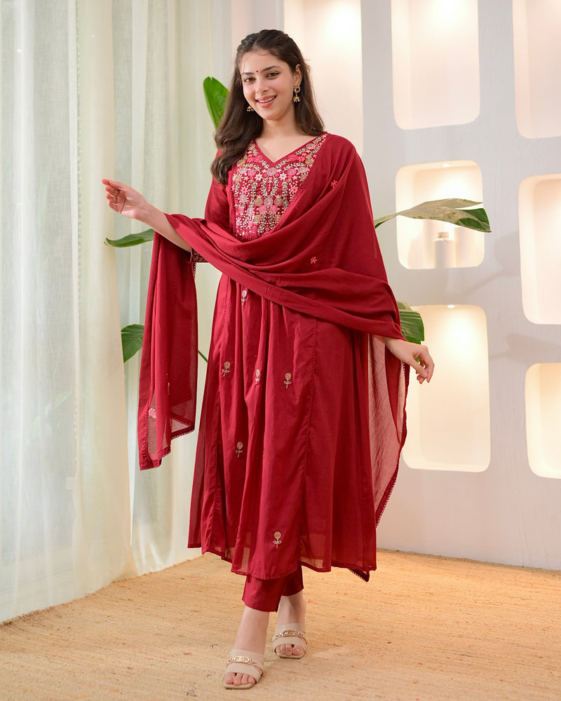 Maroon Rose Threadwork A Line Mul Cotton Suit
