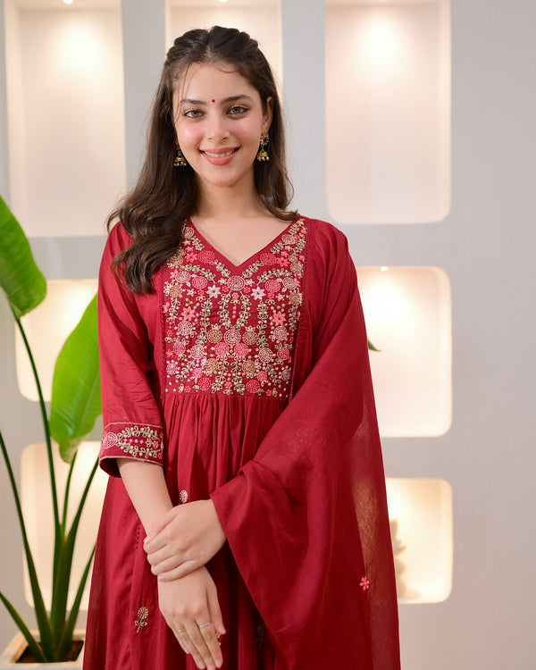Maroon Rose Threadwork A Line Mul Cotton Suit