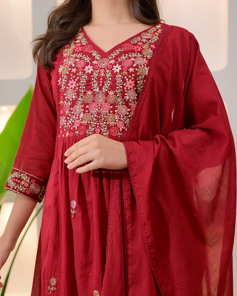 Maroon Rose Threadwork A Line Mul Cotton Suit