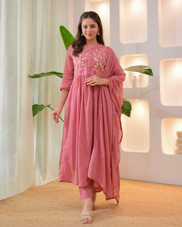 Mauve Butterfly Threadwork A Line Mul Cotton Suit