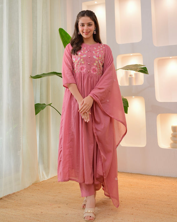 Mauve Butterfly Threadwork A Line Mul Cotton Suit