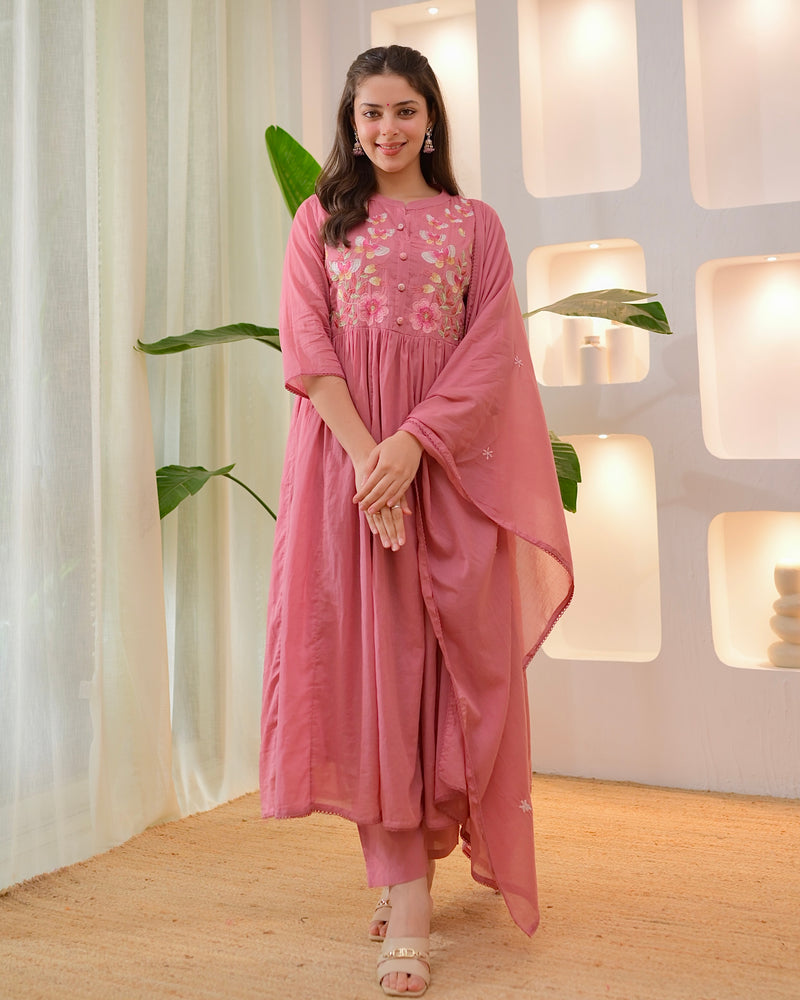 Mauve Butterfly Threadwork A Line Mul Cotton Suit