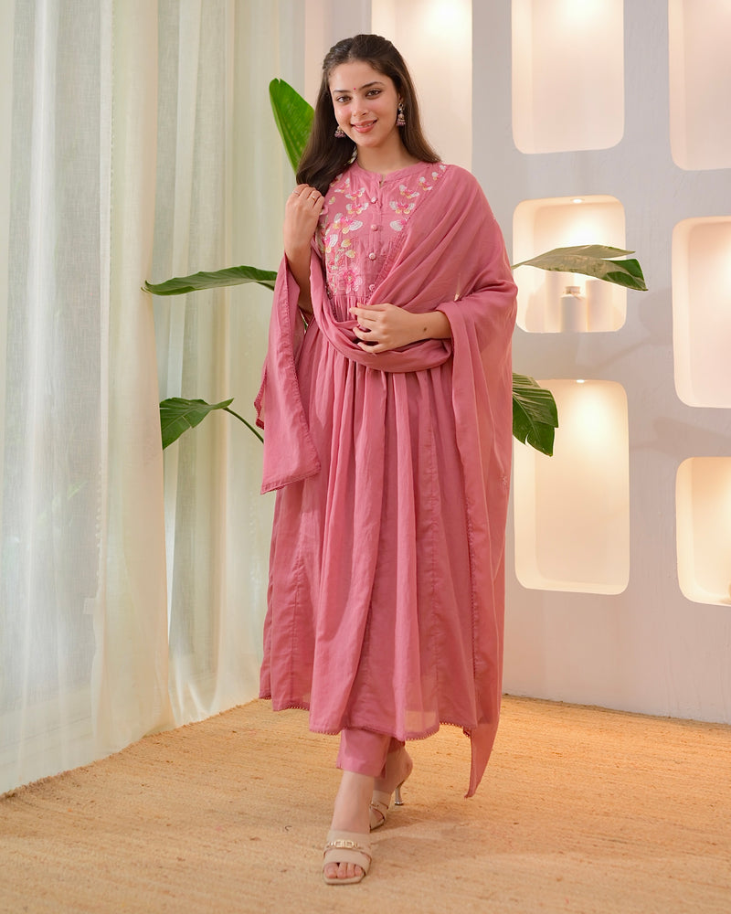 Mauve Butterfly Threadwork A Line Mul Cotton Suit