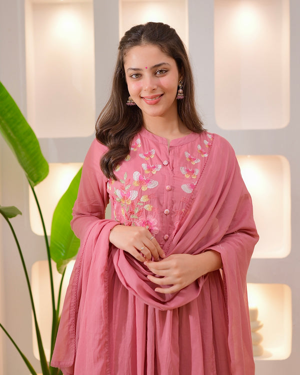 Mauve Butterfly Threadwork A Line Mul Cotton Suit