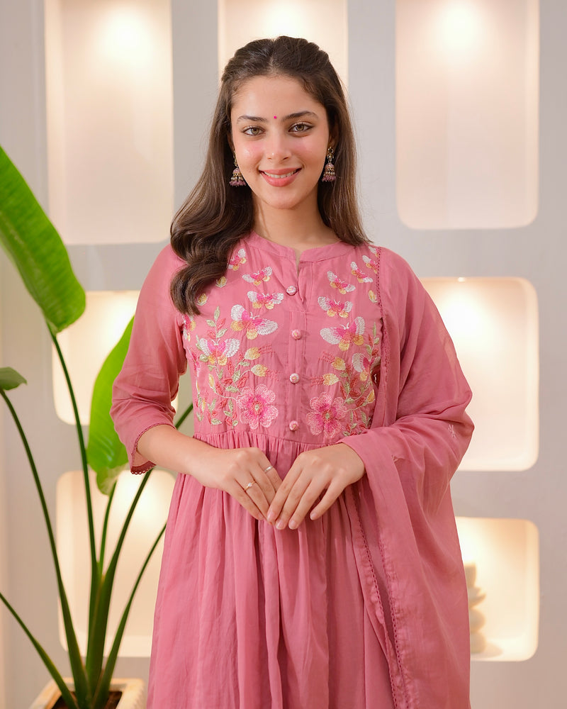 Mauve Butterfly Threadwork A Line Mul Cotton Suit