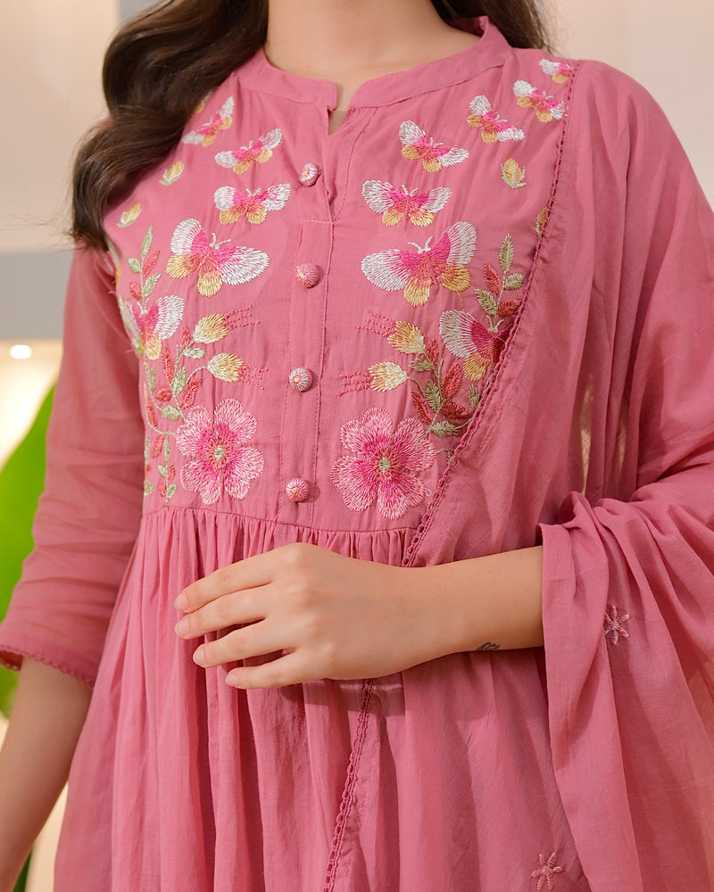 Mauve Butterfly Threadwork A Line Mul Cotton Suit