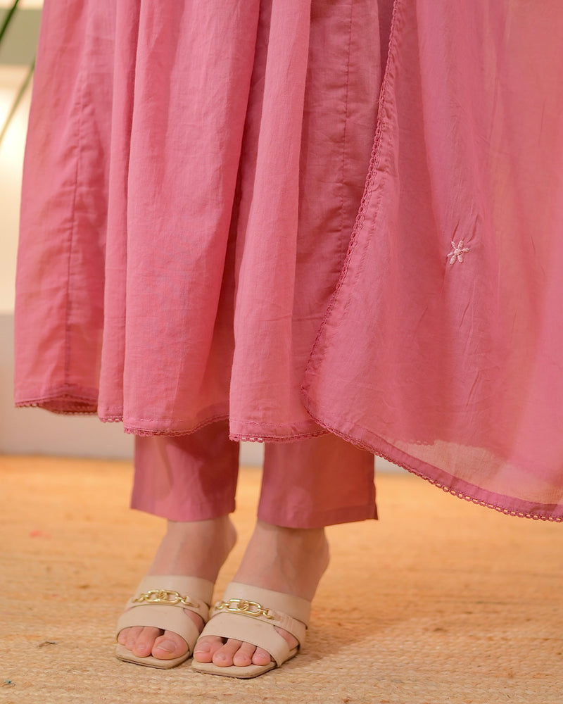 Mauve Butterfly Threadwork A Line Mul Cotton Suit