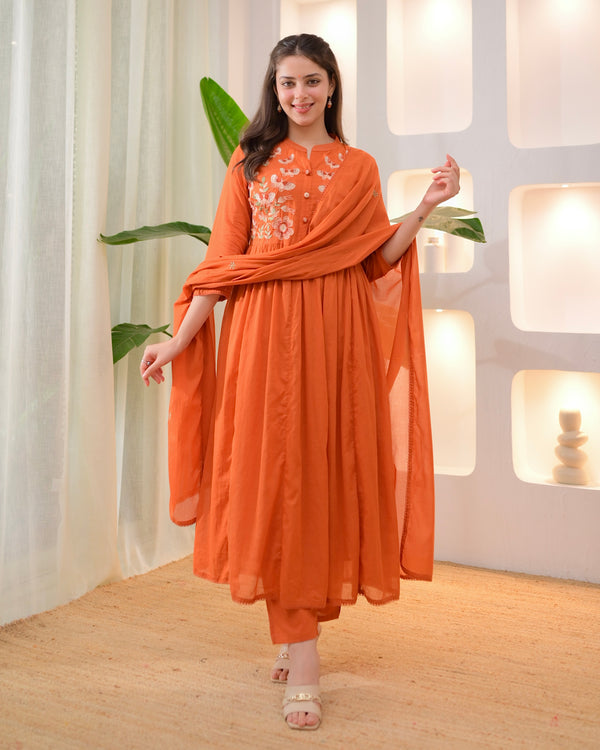 Coral Butterfly Threadwork A Line Mul Cotton Suit