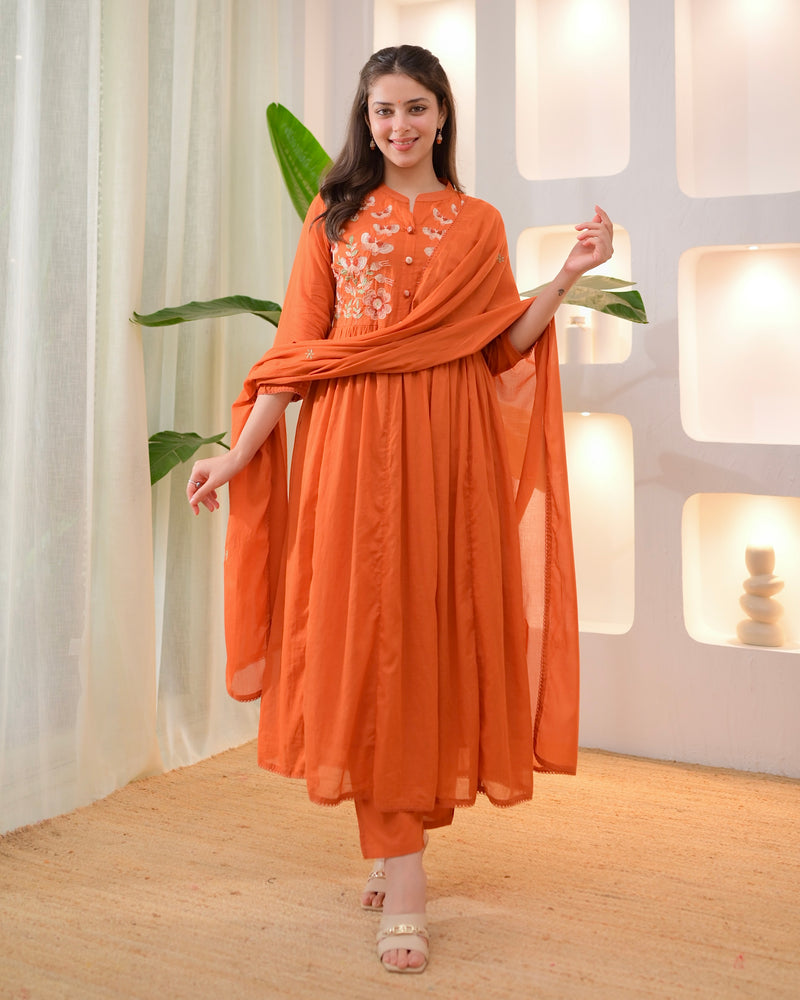 Coral Butterfly Threadwork A Line Mul Cotton Suit