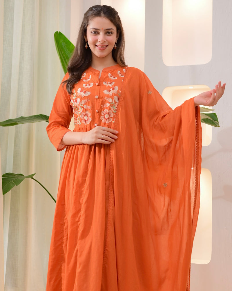 Coral Butterfly Threadwork A Line Mul Cotton Suit