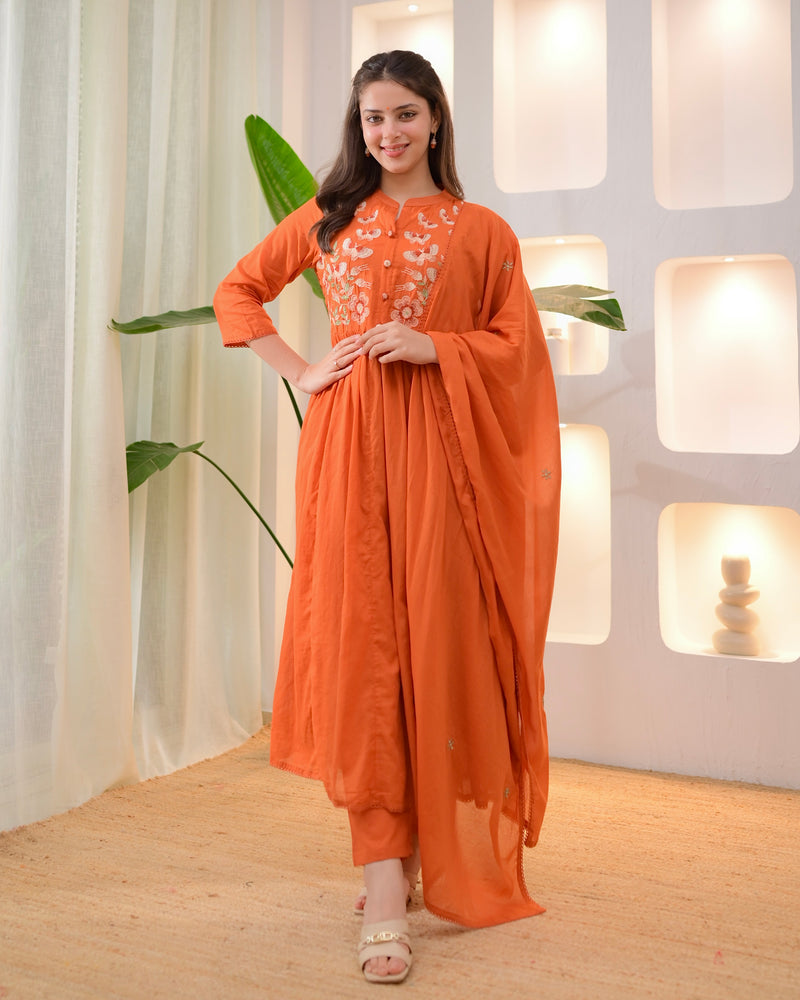 Coral Butterfly Threadwork A Line Mul Cotton Suit
