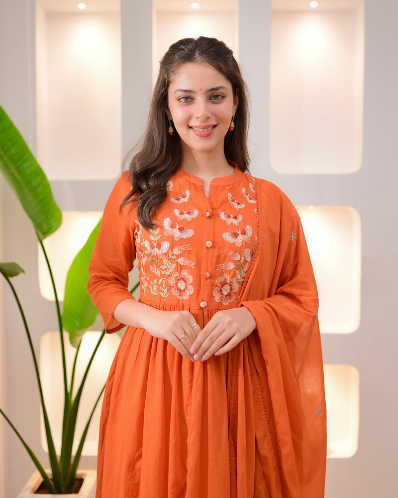 Coral Butterfly Threadwork A Line Mul Cotton Suit