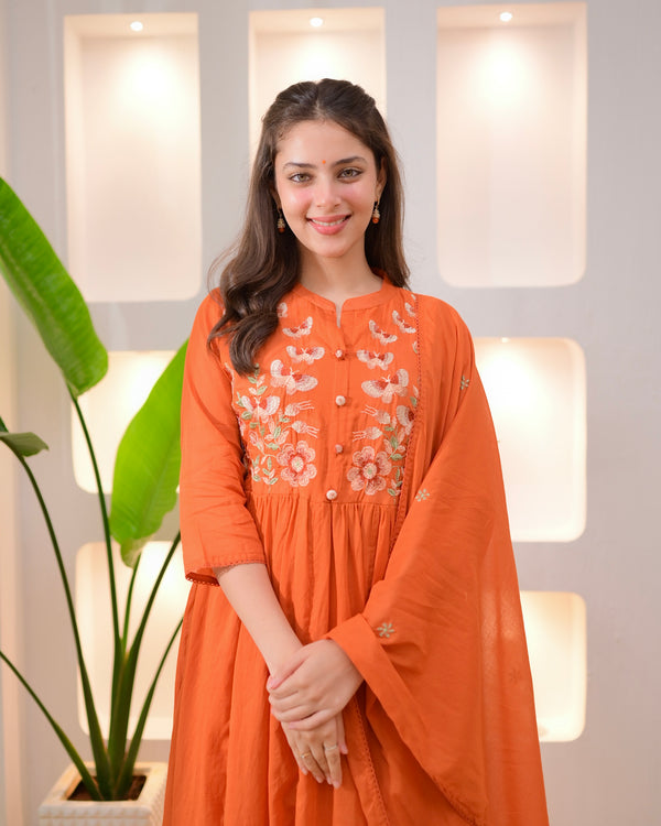 Coral Butterfly Threadwork A Line Mul Cotton Suit