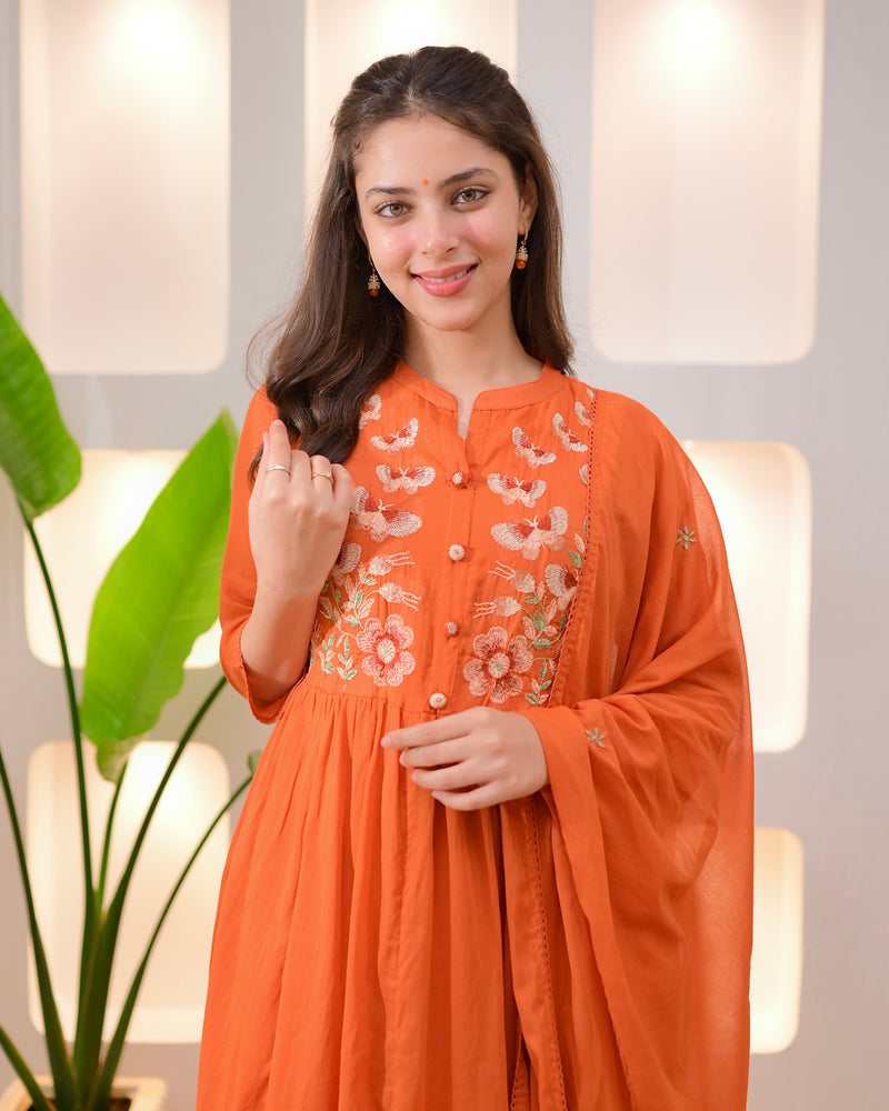 Coral Butterfly Threadwork A Line Mul Cotton Suit