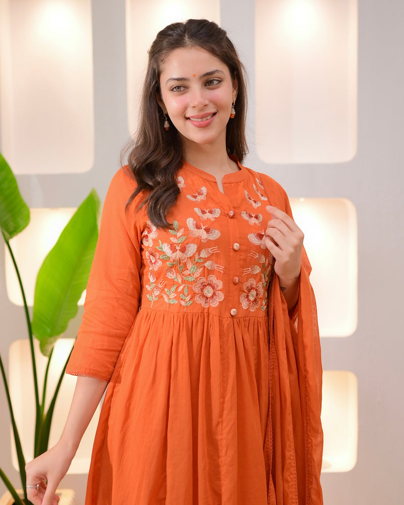 Coral Butterfly Threadwork A Line Mul Cotton Suit