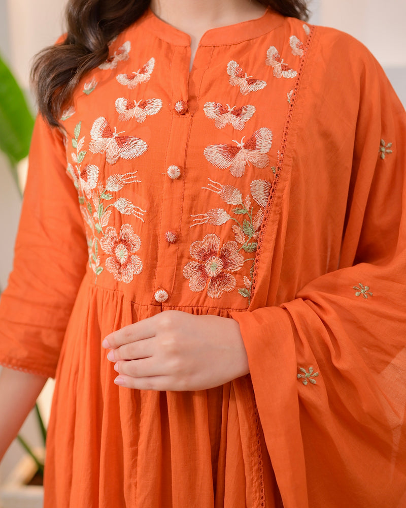 Coral Butterfly Threadwork A Line Mul Cotton Suit