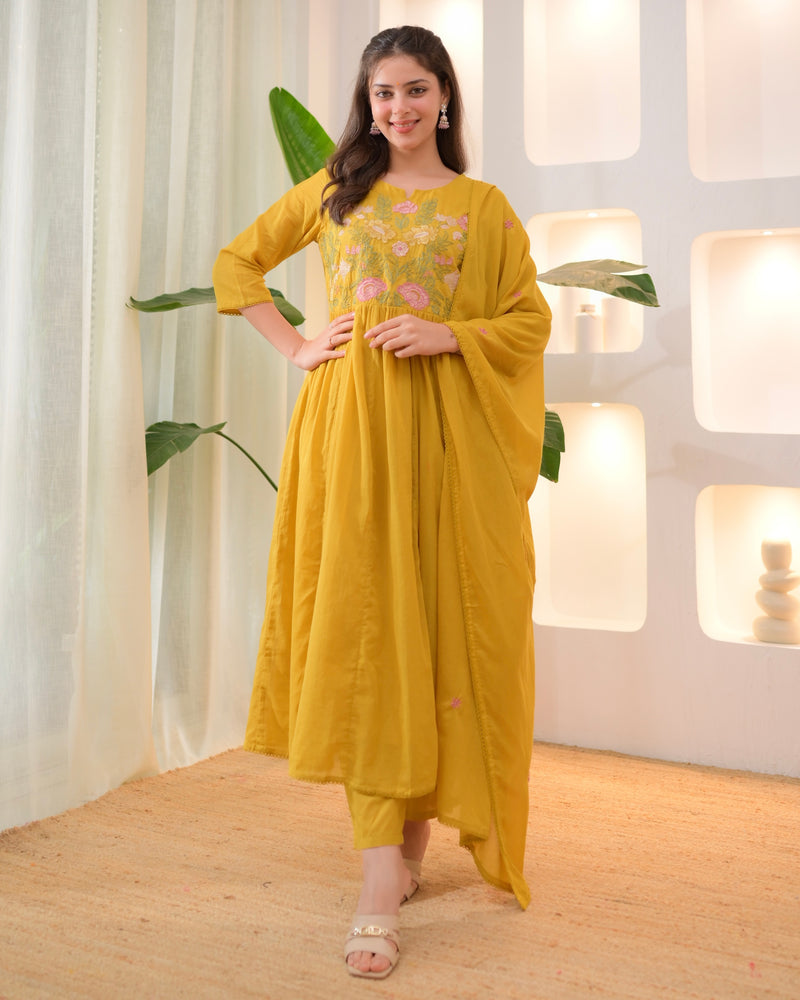 Yellow Lotus Threadwork A Line Mul Cotton Suit