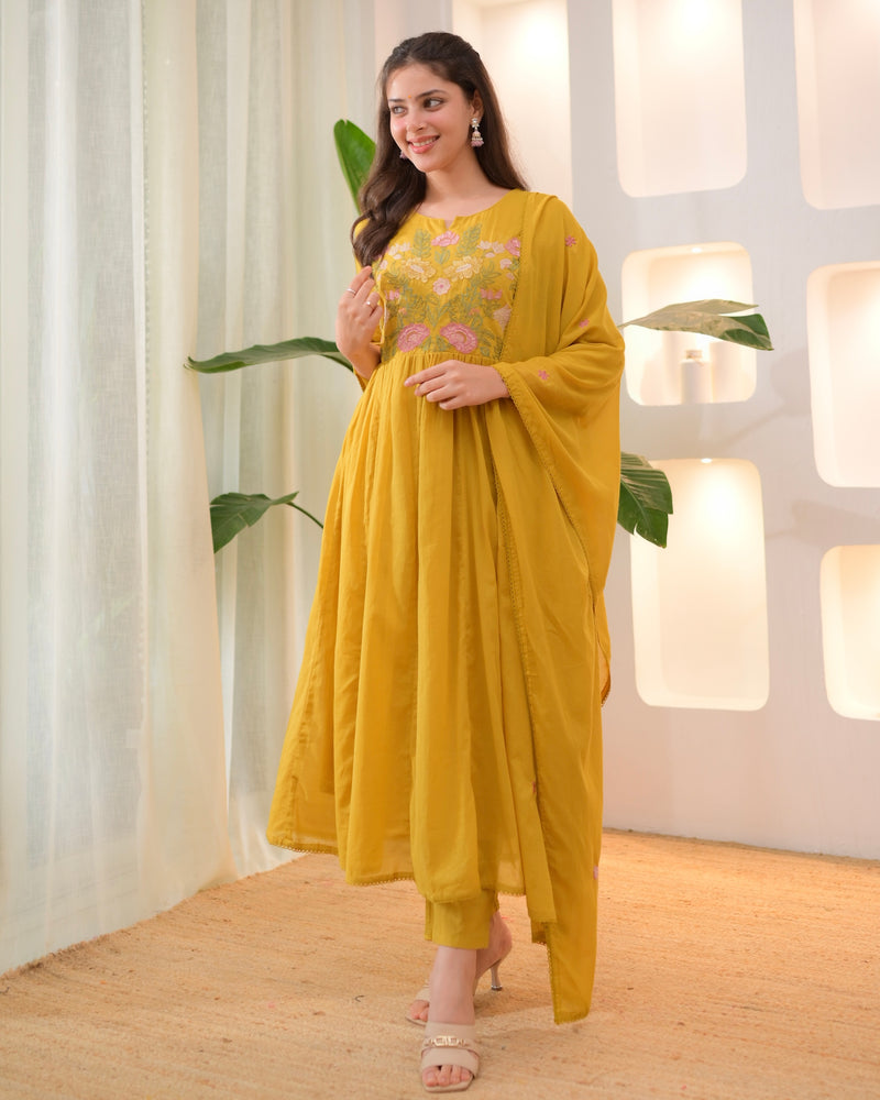 Yellow Lotus Threadwork A Line Mul Cotton Suit