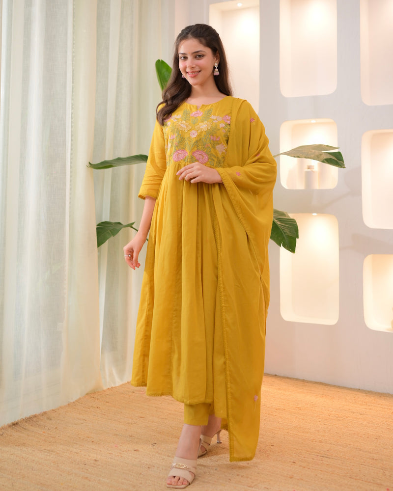 Yellow Lotus Threadwork A Line Mul Cotton Suit