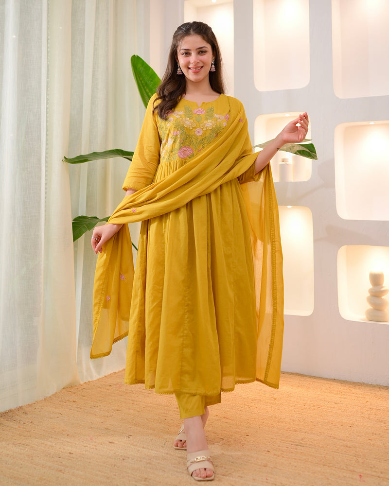 Yellow Lotus Threadwork A Line Mul Cotton Suit