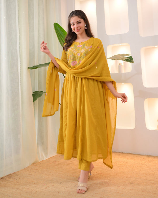 Yellow Lotus Threadwork A Line Mul Cotton Suit