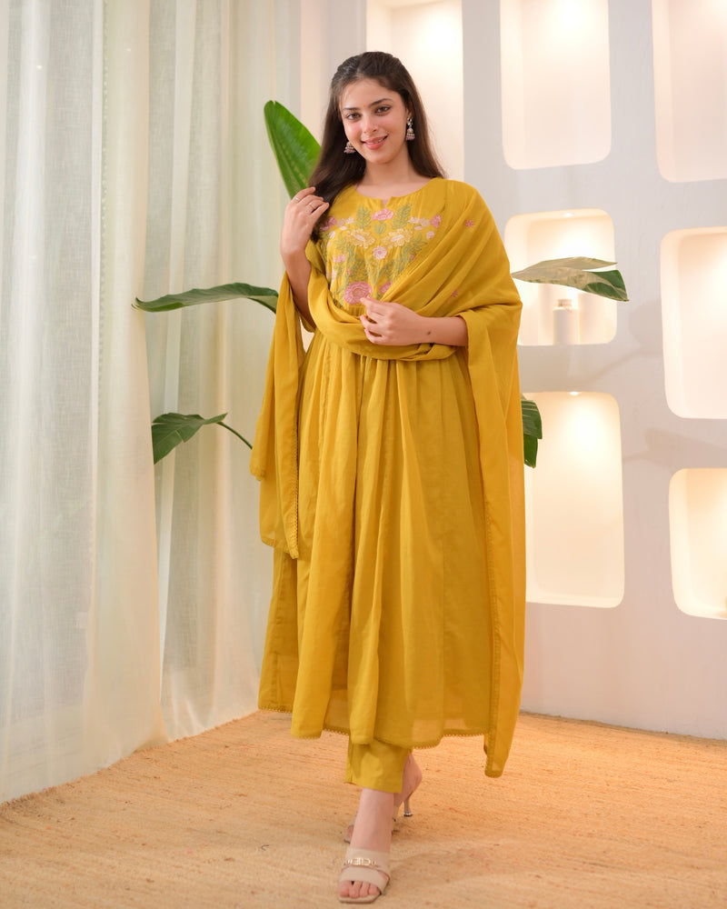 Yellow Lotus Threadwork A Line Mul Cotton Suit